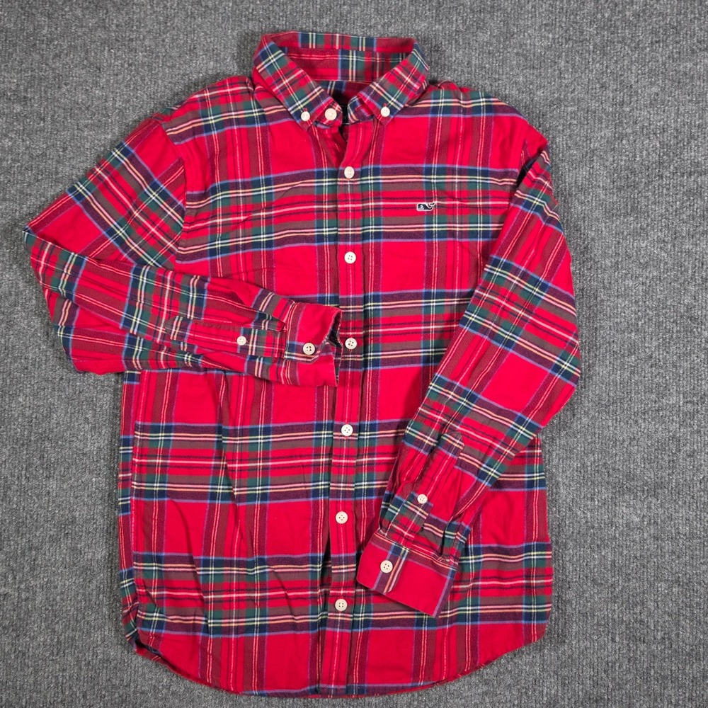Vineyard Vines Boys Red Tartan Plaid Whale Shirt Button Down Size M 12-14